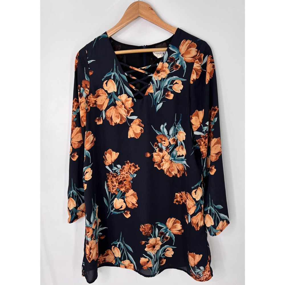 Everly Multicolor Floral Shift Dress Long Sleeve Criss Cross Lined Womens Small
